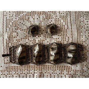 Selro Selini Style Black Gray Swirl Lucite Silver Tone Bracelet/Clip Earring Set